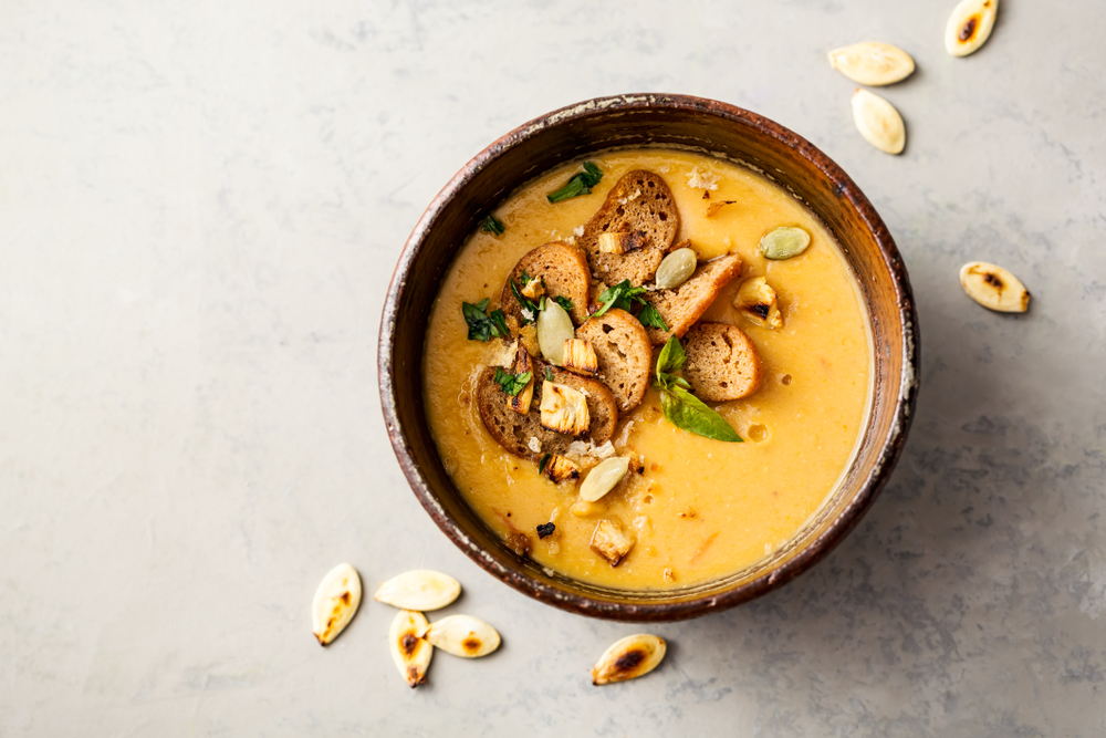 Vegetable,Soup,Puree,With,Pumpkin,And,Croutons.,Top,View.,Autumn